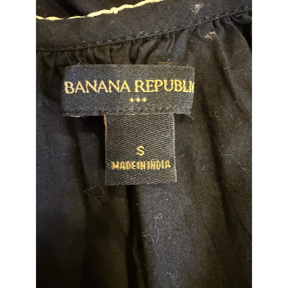 Banana Republic Womens Boho Embroidered Blouse Navy Small Tassel Smocked Top - Picture 3 of 6